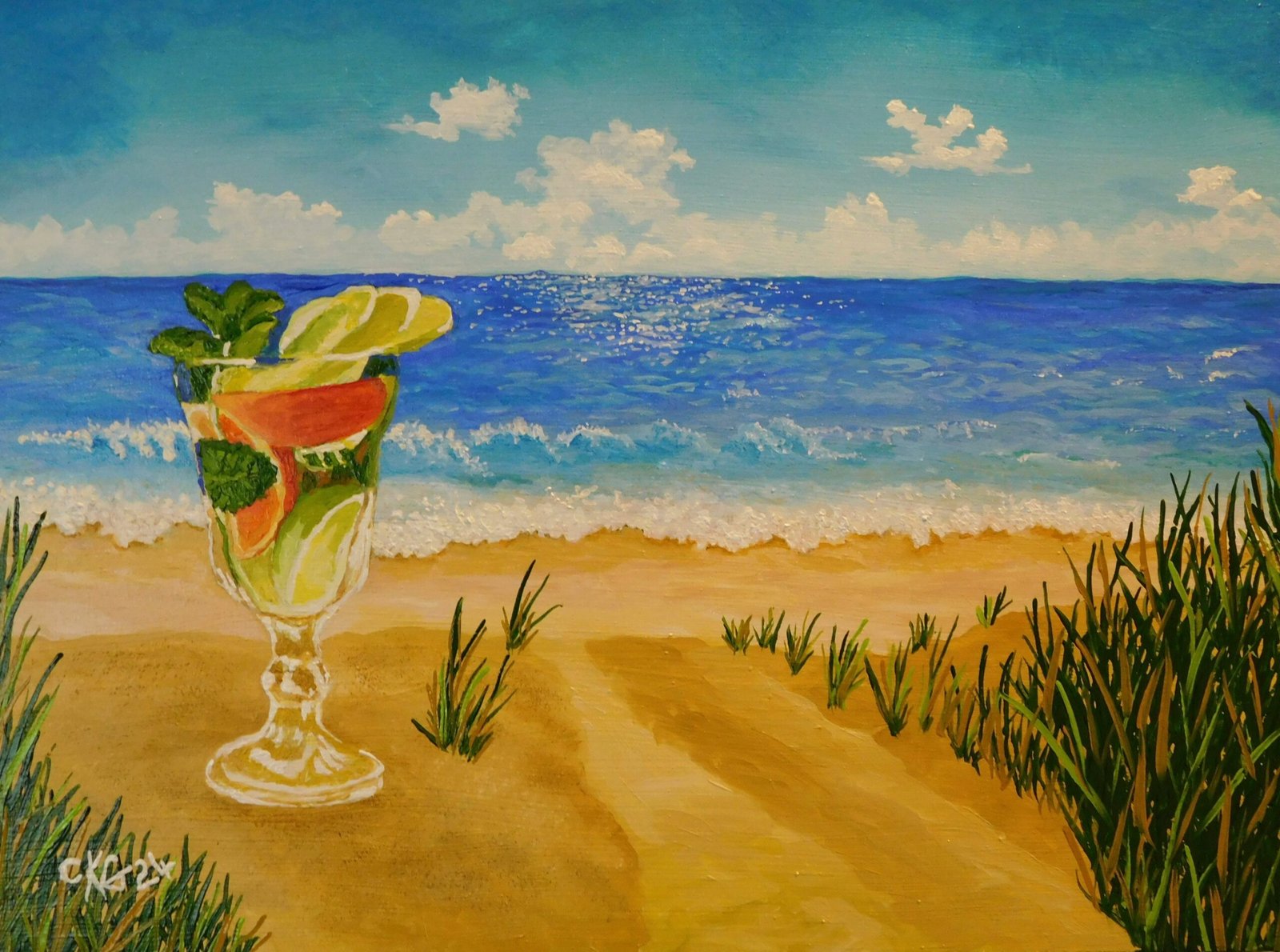 A painting of a drink on the beach